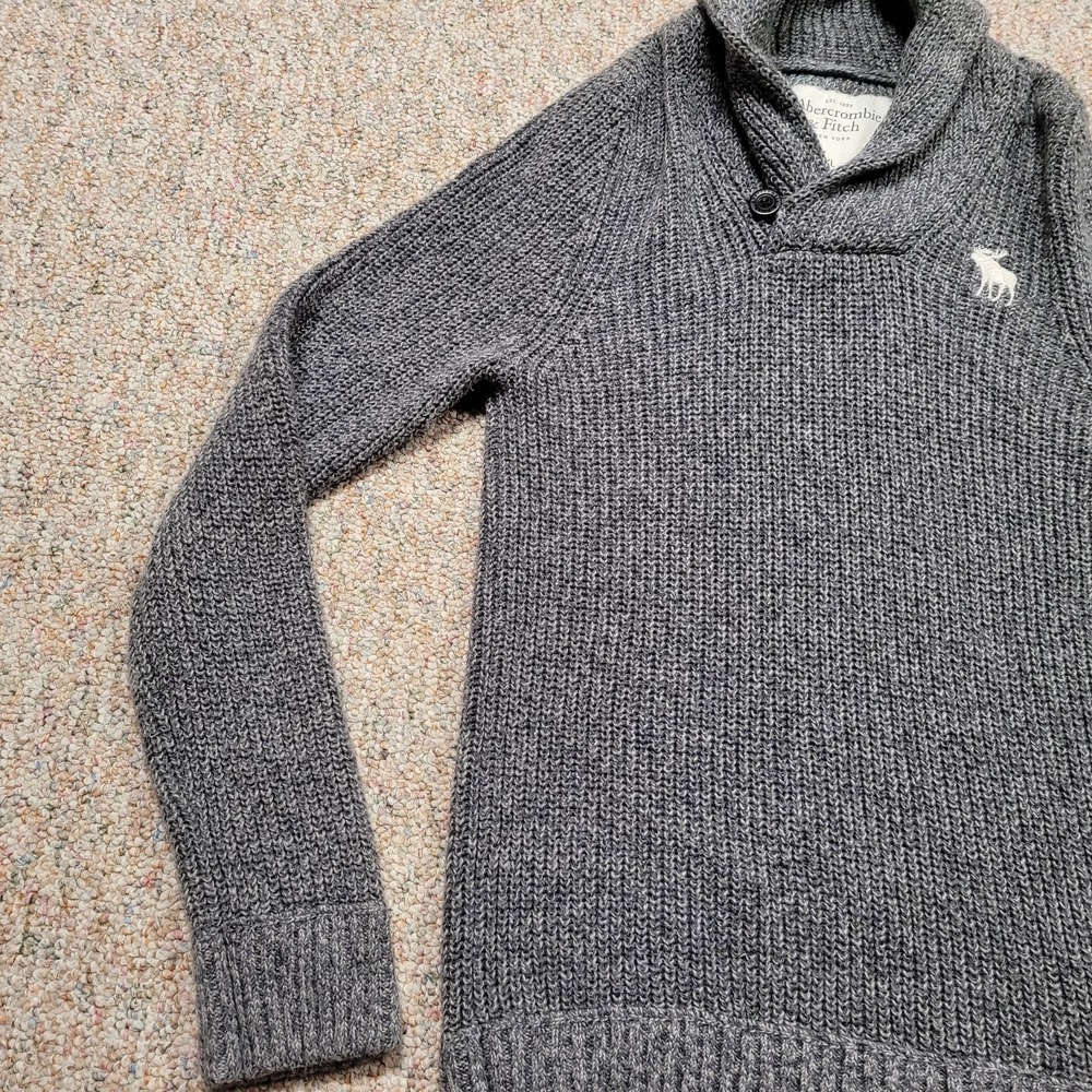 Abercrombie & Fitch Sweater Mens XL Gray Shawl Collar Fisherman Knit Moose Slim - Picture 5 of 15